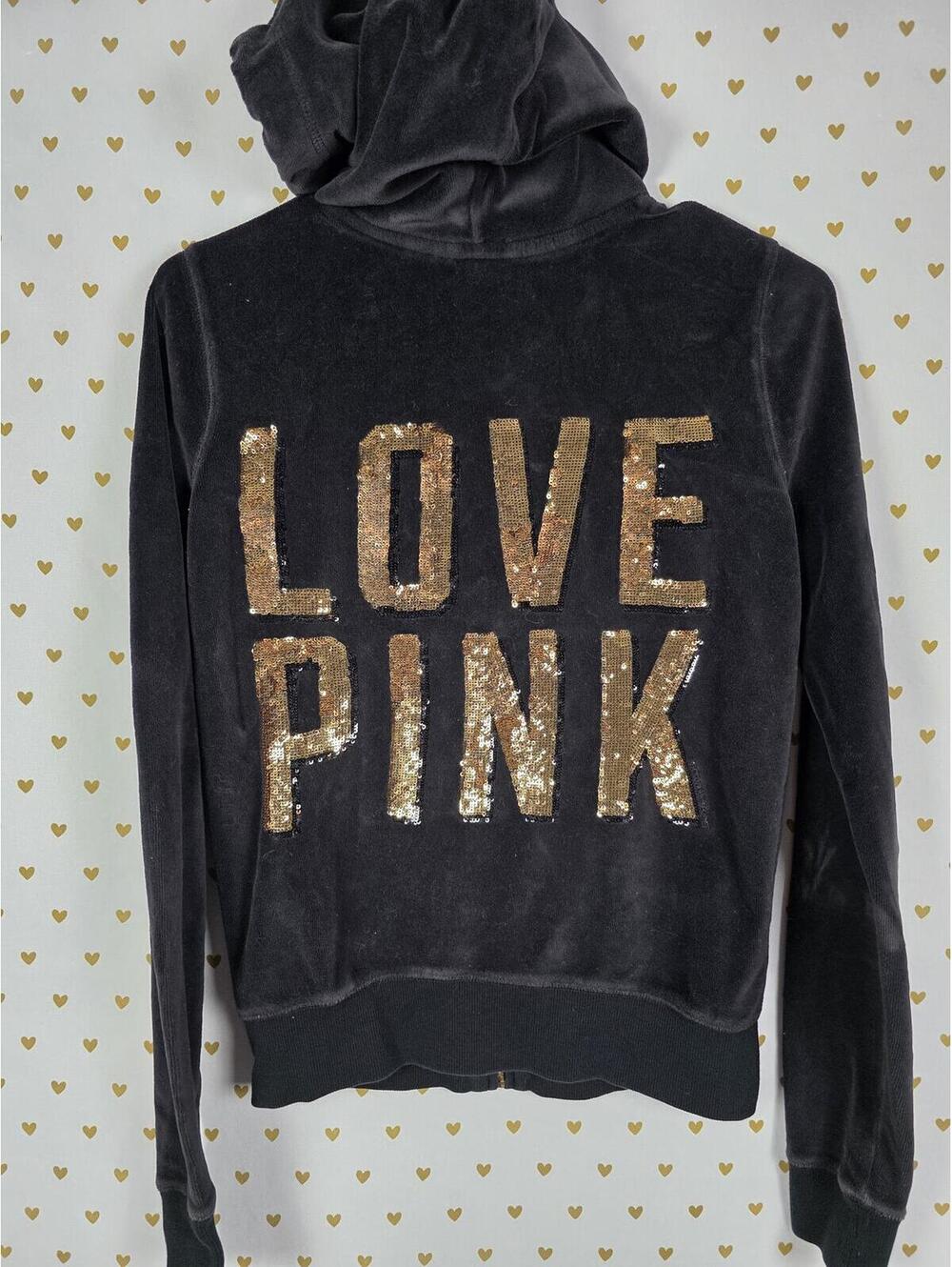 Victorias Secret Pink Vintage VELOUR y2k Gold Bling Hoodie Jacket Black XS